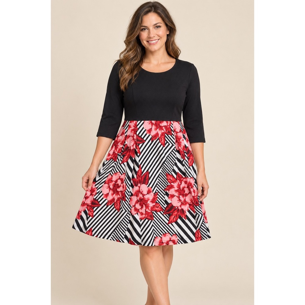 Haute Edition Dress XL Black Red Floral Geometric 3/4 Sleeve Fit & Flare NWT